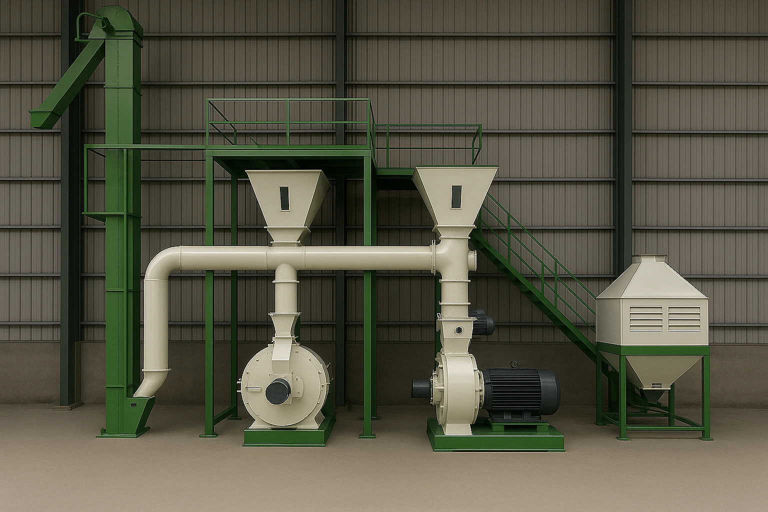 Image du produit associé Usine de Granules 1000 kg/h - Production industrielle efficace avec presse a matrice annulaire Meelko MKRD420C-W - VXNpbmUgZGUgZ3JhbnVsZXMgTWVlbGtvIGF2ZWMgY2FwYWNpdGUgZGUgMTAwMCBraWxvZ3JhbW1lcyBwYXIgaGV1cmUgZXF1aXBlZSBkZSBsYSBwcmVzc2UgYSBtYXRyaWNlIGFubnVsYWlyZSBNS1JENDIwQy1XLiBMaWduZSBkZSBwcm9kdWN0aW9uIGluZHVzdHJpZWxsZSBjb21wbGV0ZSBwb3VyIGFsaW1lbnRzIGNvbXBvc2VzLCBiaW9tYXNzZSBldCBmb3VycmFnZSBoYXV0ZSBkZW5zaXRlIGF2ZWMgbWVsYW5nZXVyLCByZWZyb2lkaXNzZXVyIGV0IHN5c3RlbWUgZGUgY3JpYmxhZ2Uu
