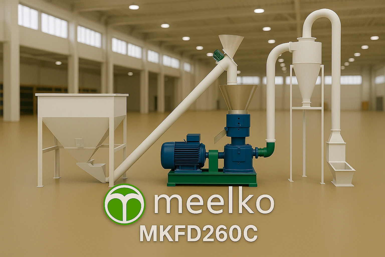 Image du produit associé Usine de granules 300 kg/h – Production efficace et polyvalente - TCd1c2luZSBkZSBncmFudWxlcyBNZWVsa28gZGUgMzAwIGtnL2ggZXN0IHVuZSBsaWduZSBkZSBwcm9kdWN0aW9uIGNvbXBsZXRlIHF1aSBjb21wcmVuZCBicm95ZXVyLCBtZWxhbmdldXIsIGdyYW51bGF0ZXVyLCByZWZyb2lkaXNzZXVyIGV0IGVuc2FjaGV1c2UgcG91ciBmYWJyaXF1ZXIgZGVzIGdyYW51bGVzIGQnYWxpbWVudHMgcG91ciBhbmltYXV4LCBkZSBib2lzIGV0IGRlIGJpb21hc3NlIGRlIGhhdXRlIHF1YWxpdGUu