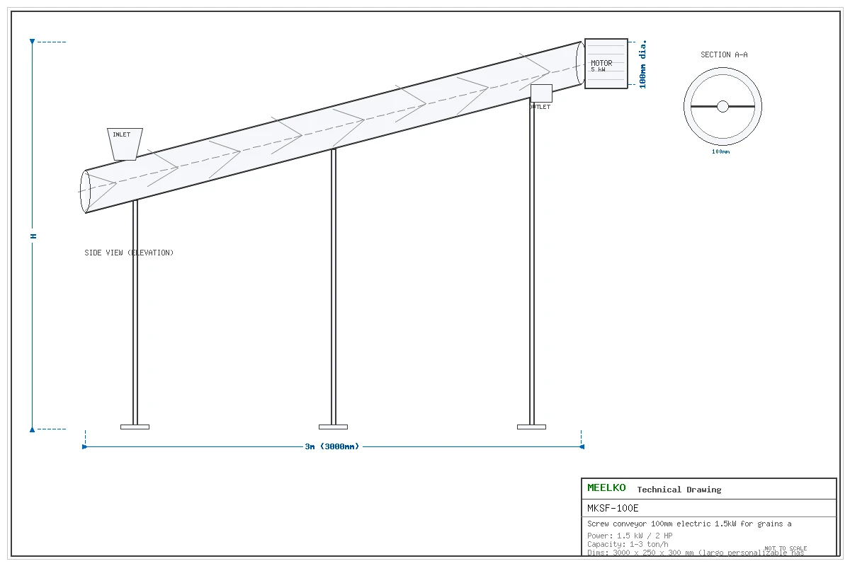 Image du produit Convoyeur a vis 100mm electrique pour cereales et grains - Meelko
